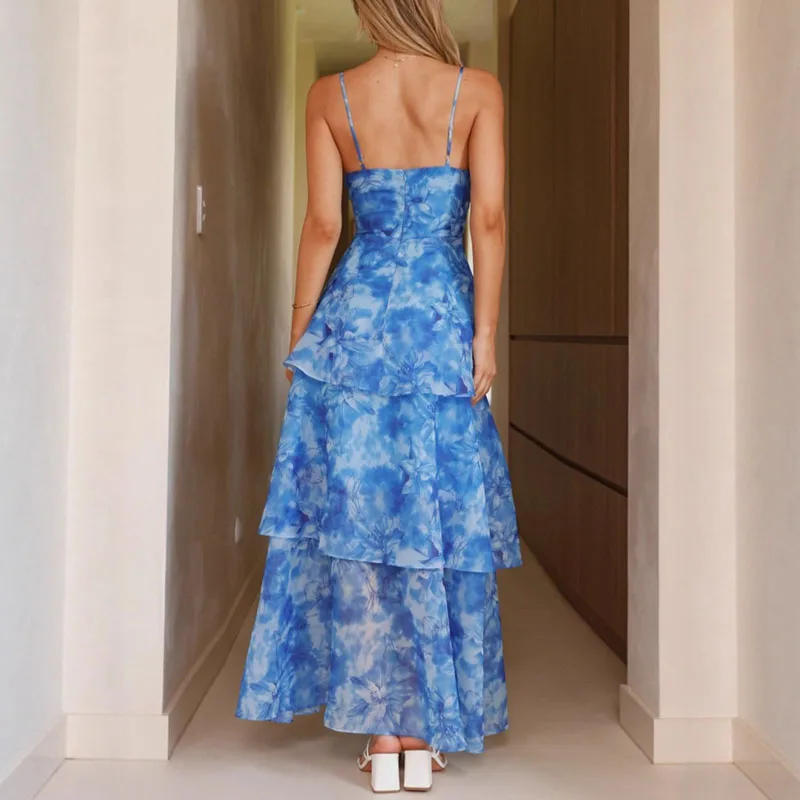 Boho เซ็กซี่ V คอเอวสูง Ruffle เค้กชุดผู้หญิงฤดูใบไม้ผลิดอกไม้พิมพ์ชีฟองชุดยาวฤดูร้อนใหม่ Backless Zip ชุดสลิง