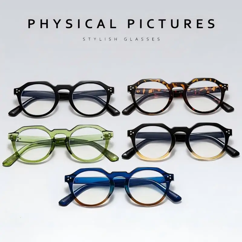 Kacamata Anti Cahaya Biru Desainer Rivet Eyewear, Kacamata Komputer Bulat Retro, Kacamata Optik Pemblokir Biru untuk Pria Wanita