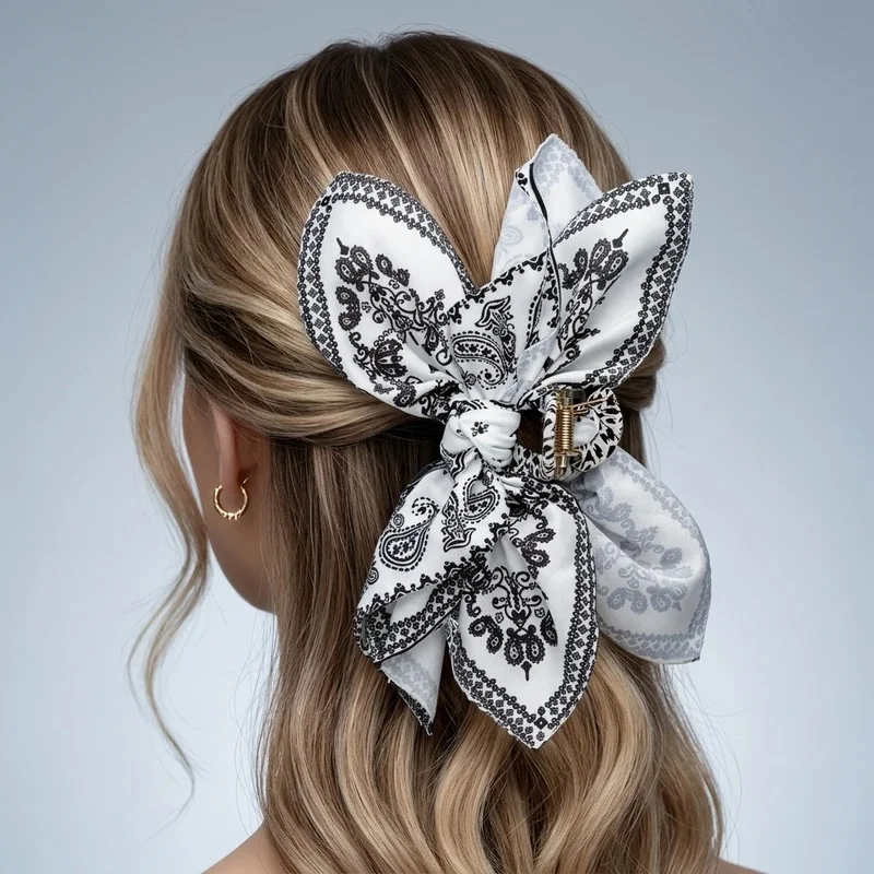 Double-Sided Cashew Flower Bowknot Hair Clip Retro European Style Shark Clip Fashion Headwear for Women and Teens