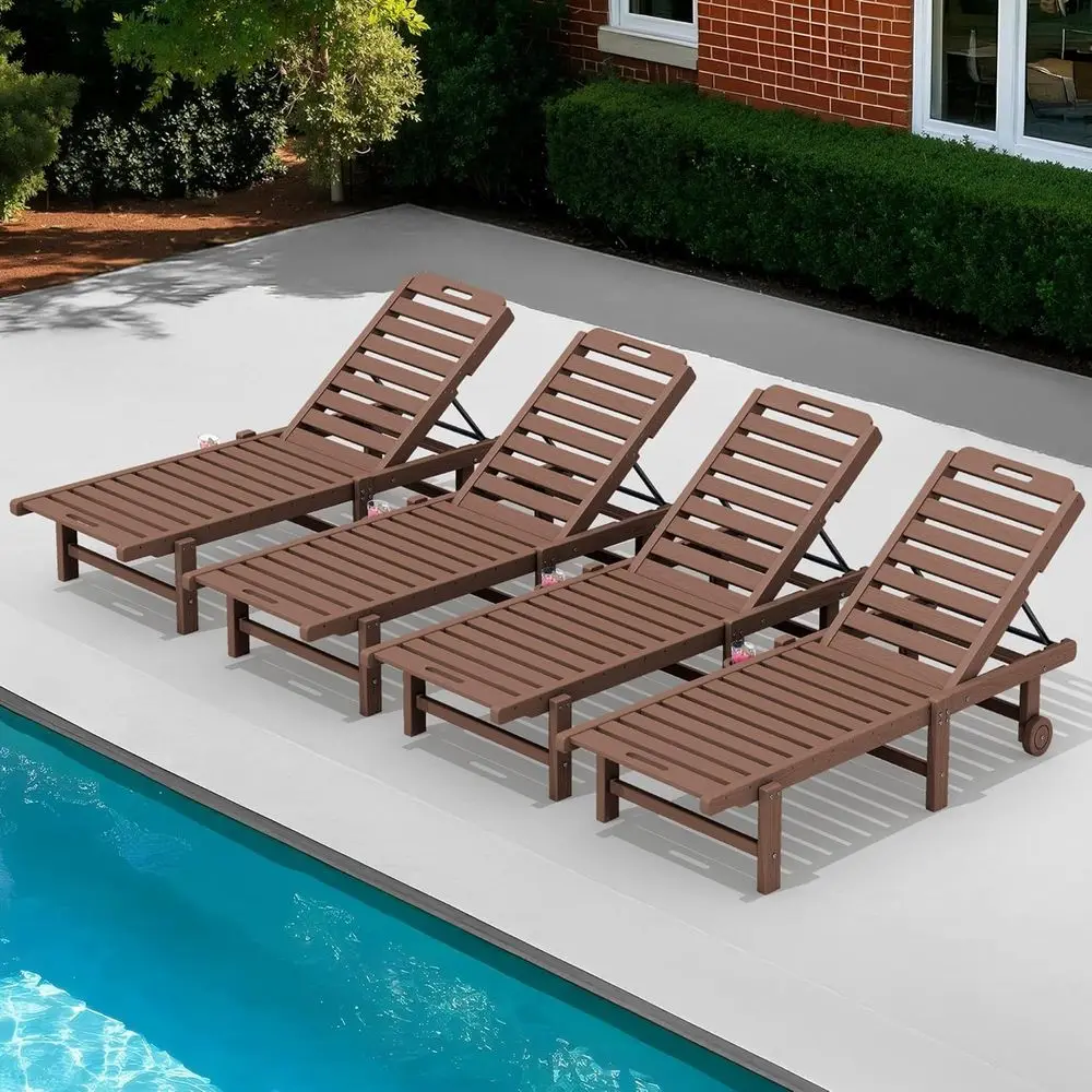 

4-Piece Outdoor Patio Chaise Lounge Set, HDPE Chairs with Cup Holders, 5-Position Adjustable with Wheels, Ideal for Poolside and