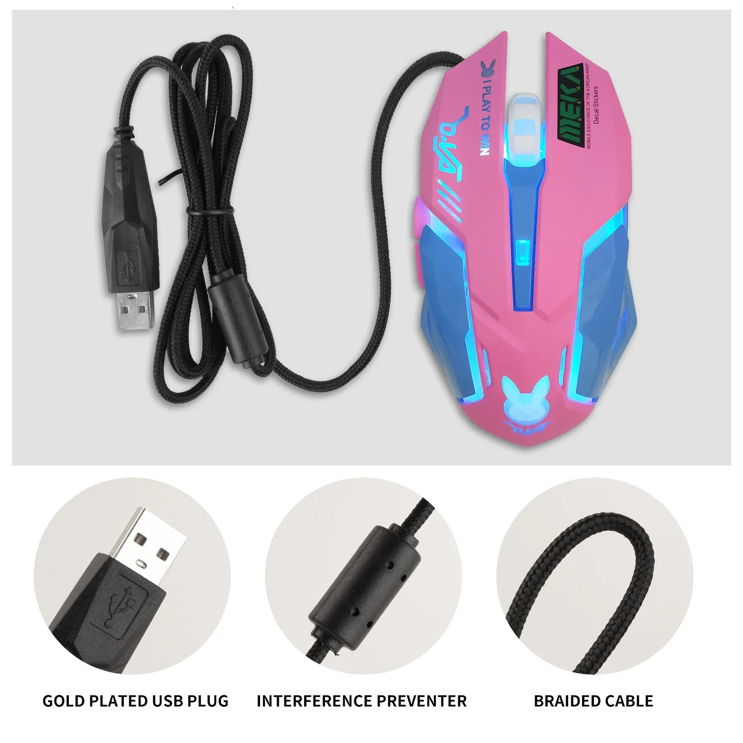 USB Wired Gaming Mouse Pink Computer Professional E-sports Mouse 2400 DPI Colorful Backlit Silent Mouse for Lol Data Laptop Pc