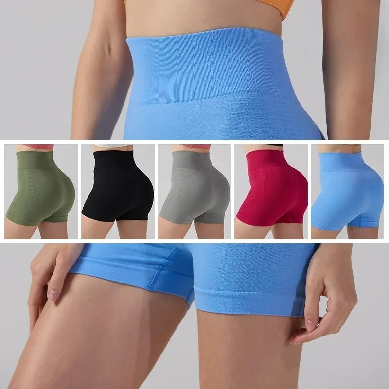 여성 복숭아 엉덩이 피트니스 반바지 리프트 엉덩이 꽉 바지 하이 웨이스트 트레이닝 요가 반바지 사이클링 스포츠 통기성 3 점 반바지