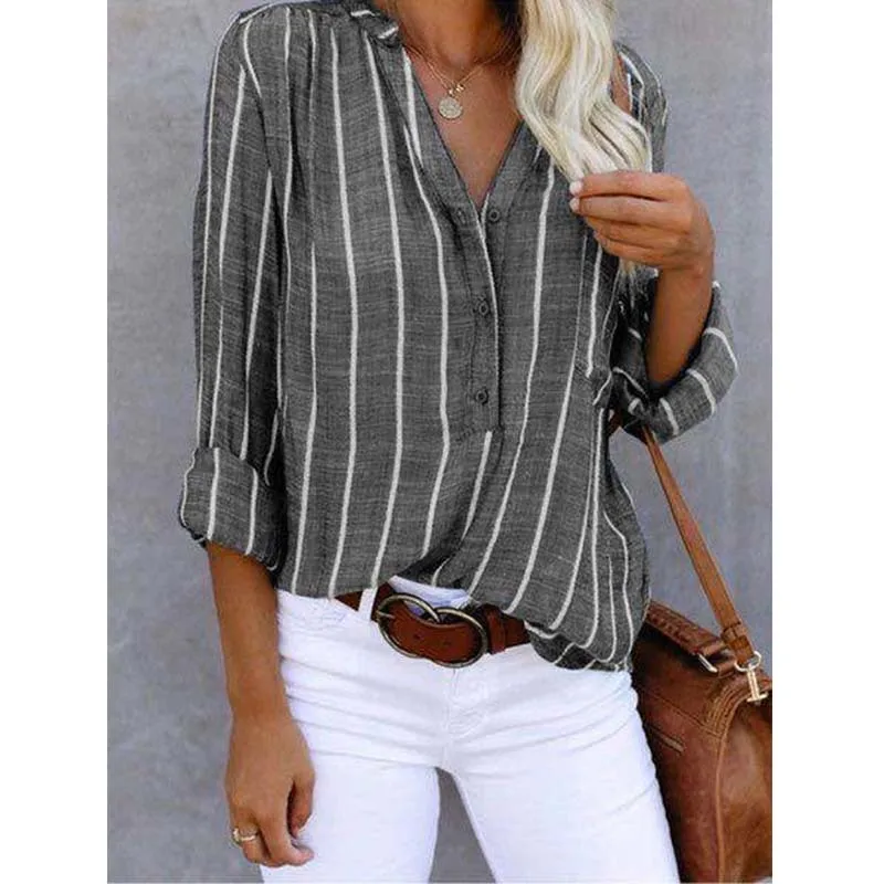 

Fashion Printed Striped Shirts For Women Korean Retro Turn Down Collar Elegant Blouse