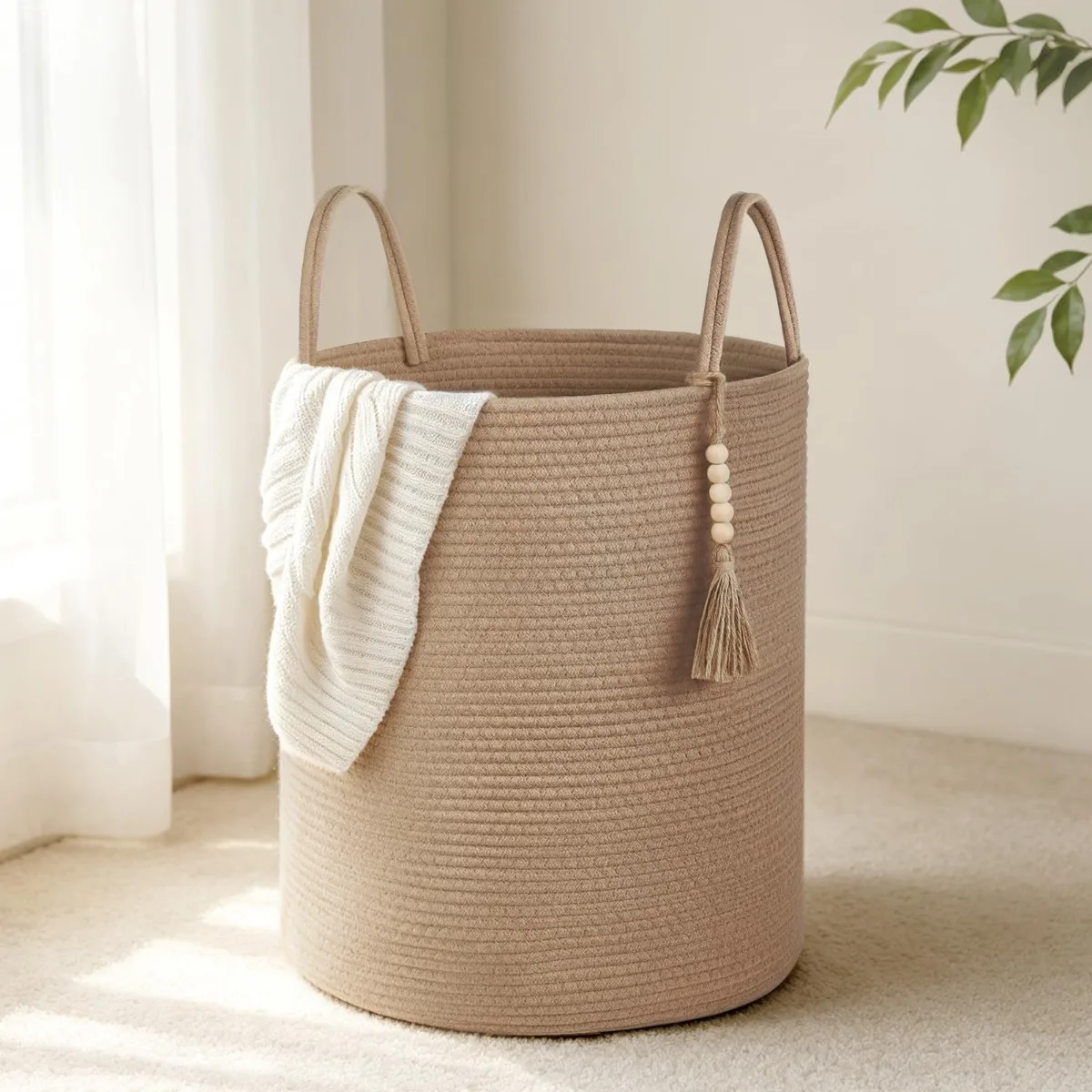Cotton Rope Laundry Basket Tall Woven Hamper with Handles Foldable Decorative Storage for Clothes Kids' Toys Living Room Bedroom