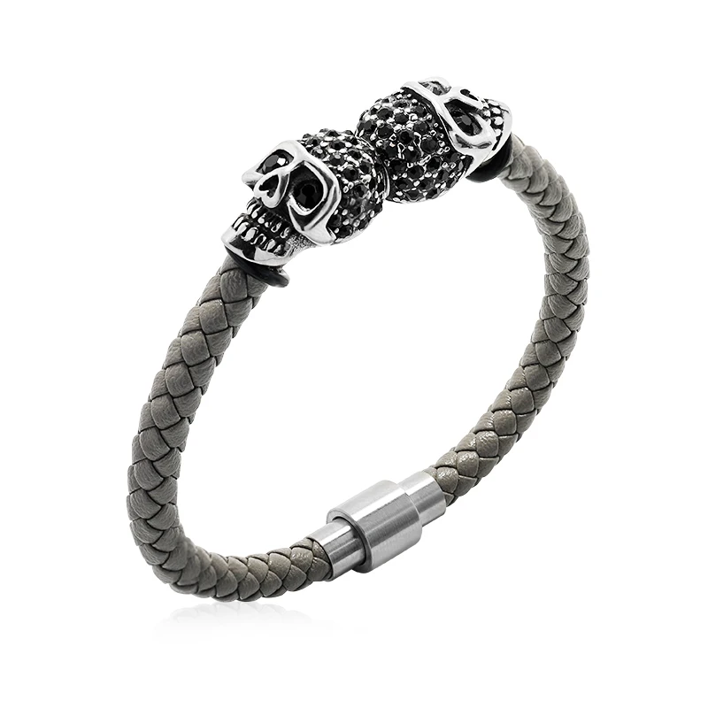 Punk Bracelet For Men Gothic Hand Skull Skeleton Black Braided Leather Bracelet Stainless Steel Magnetic Clasp Bangles Gift