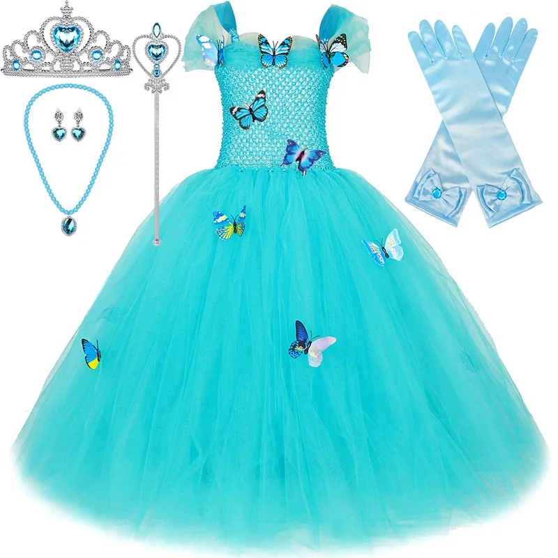 Sky03 Длинные платья принцессы Золушки для девочек, костюм на день рождения и Рождество, детский наряд для вечеринки на Хэллоуин с короной Butterfl55Hu%
