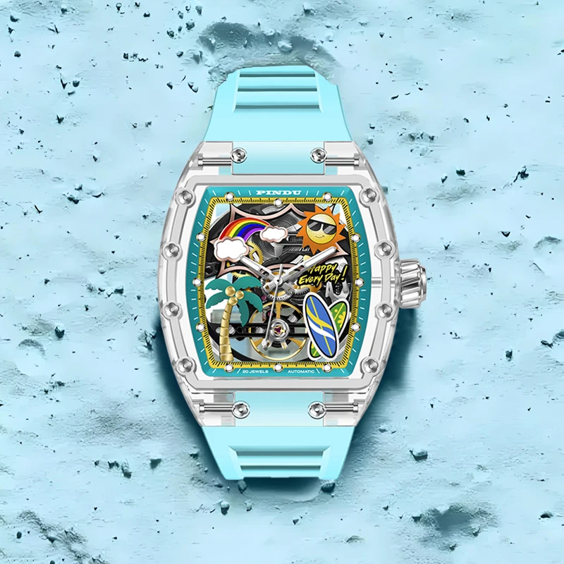 

PINDU Watch Summer Beach Theme Combines Marine Wlements And Summer Atmosphere Design With Bright Colors For Men Mechanical Watch