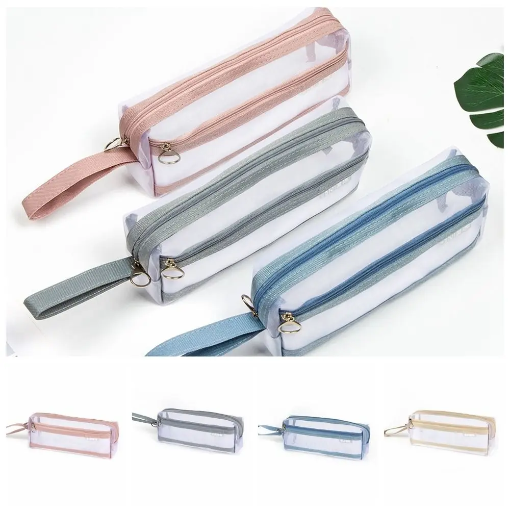 Simple Transparent Mesh Pencil Case Double Layer Portable Pencil Pouch Zipper Lightweight Exam Pen Bags Girls