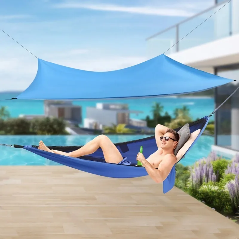 

【Popular】2.9*1.4m Blue Camping Hammock With Tarp, Portable 2-in-1 Camping Hammock Wit Mosquito Net For Beach Garden Backyard