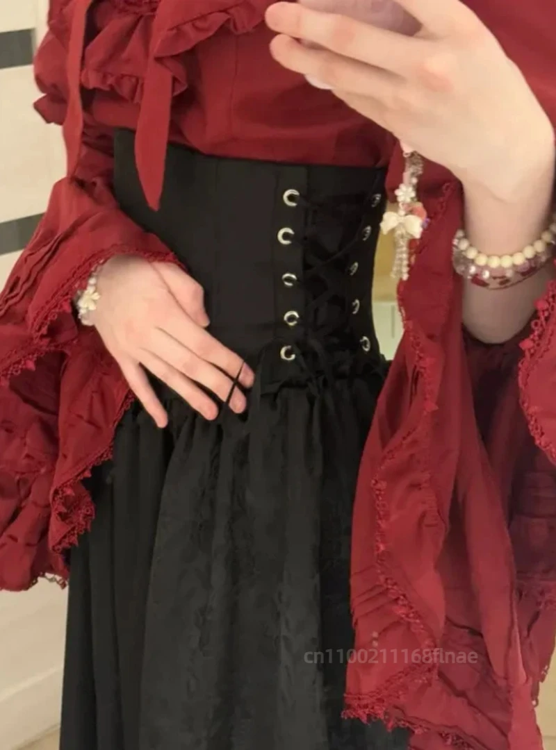 European Dress, Dark Gothic Style Lolita Shirt, Fishbone Half Skirt, Silk Sleeve Set, Lolita Elegant and Gorgeous Two-piece Set