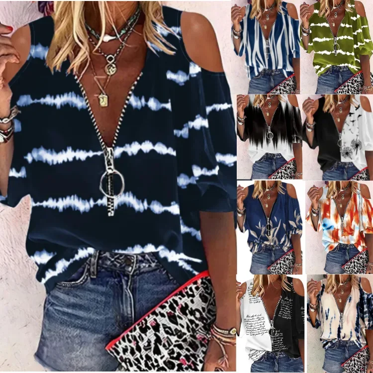 Summer Women Print Tees Shirts Loose Vintage Zipper Off Shoulder Sexy Hole Blouse Top Loose 2024 Casual Short Sleeve Tops