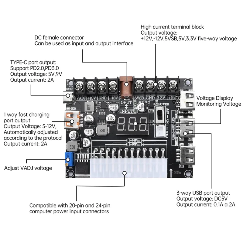 ABKI-24 Pin ATX Power Adapter Board 20 Pin ATX Power Adapter Board Pd3.0 Power Module Adapter