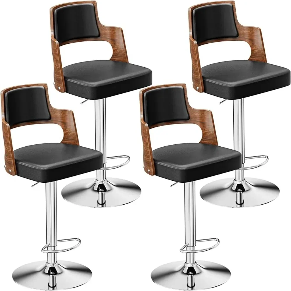 Bar Stools Set of 4, PU Leather Upholstery Walnut Bentwood Back & Footrest，Mid-Century Modern Adjustable Swivel Dining Chair