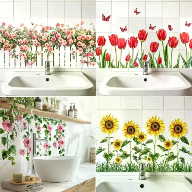 Fresh Floral Pattern Sink Area Background Wall Sticker Bathroom Wall Decoration Self-Adhesive Removable Waterproof Sticker