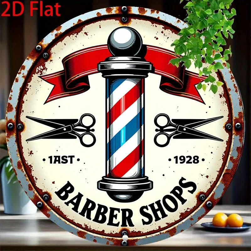2D Flat 1pc Round Vintage Barber Shop Metal Wall Art - 8x8 Inch Aluminum Sign with Scissors & Razor Design, Rustic Retro Wall De