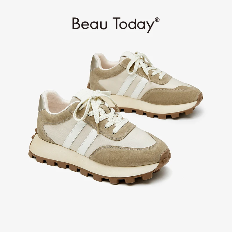 Beautoday Chunky Sneakers Women Genuine Pig Suede Round Toe Lace-up Color-matching Casual Waffle Shoes 29580