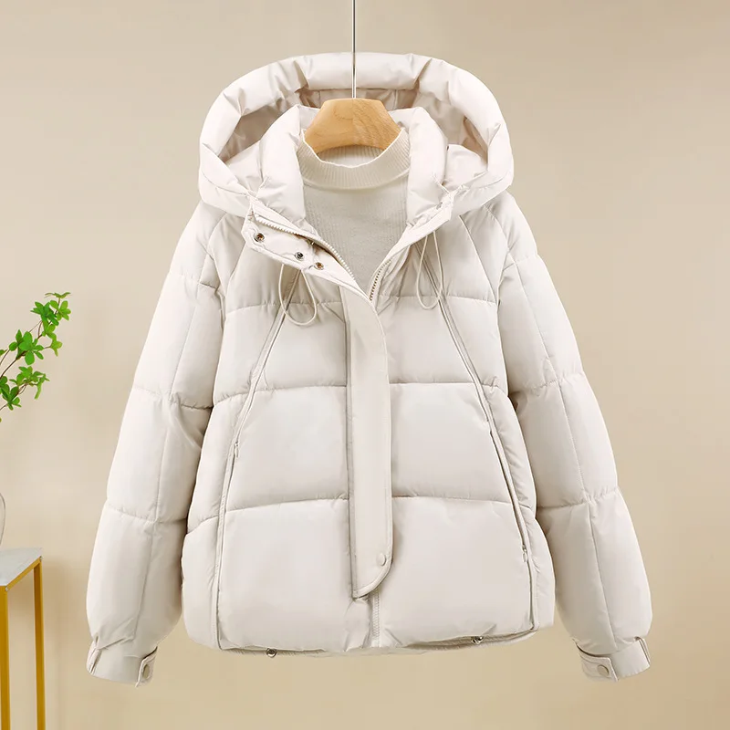 Women Short Oversize Parkas Coats Hooded Jacket Solid Drawstring Hem Zipper Looose Fit Thick Casual Office Lady Winter 2025