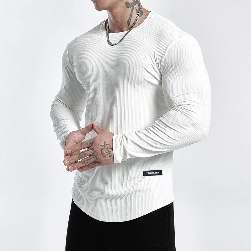 Trendy striped brand fitness breathable long sleeve running training T-shirt elastic quick drying sports T-shirt men clothing