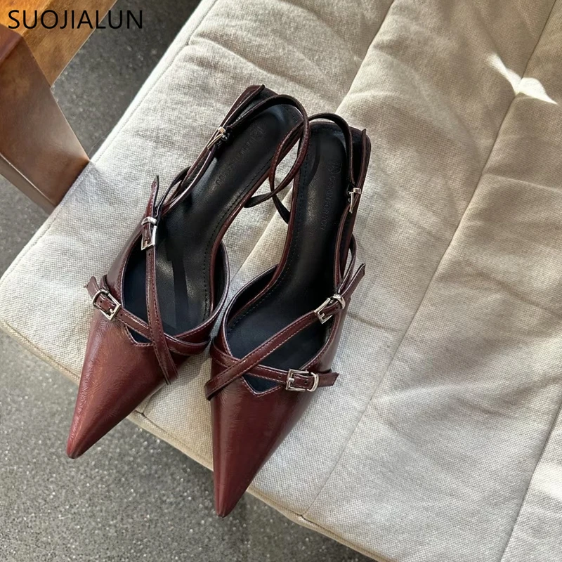 SUOJIALUN 2024 Spring New Brand Women Sandal Fashion Pointed Toe Slip On Shallow Slingback Sandal Thin High Heel Pumps Shoes