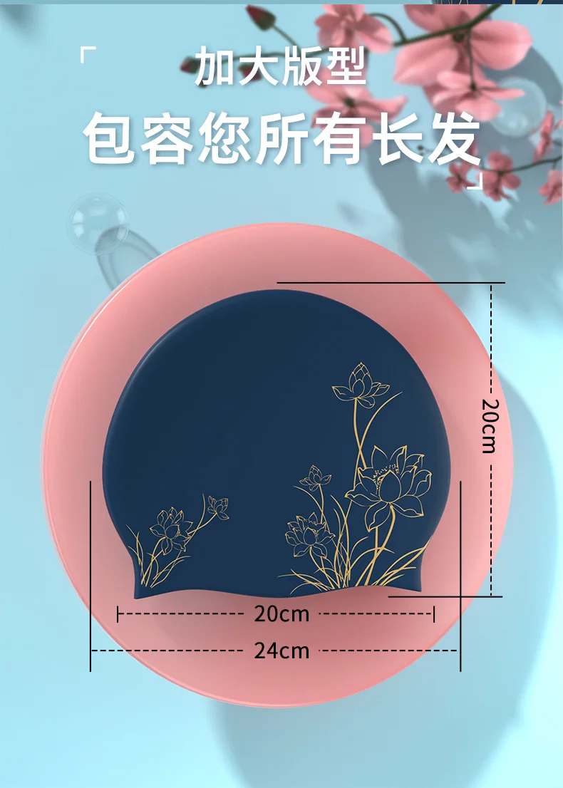 Badekappe mit Lotus-Aufdruck für langes Haar für Damen, wasserdichte, vergrößerte Badekappe aus Silikon, Ohrenschutz-Badekappen, 2 Farben – Detail 9
