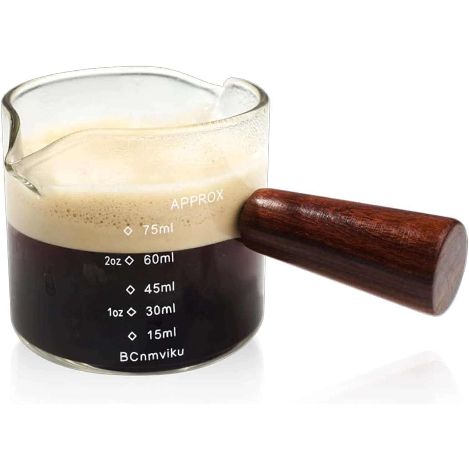 

2 PCS Double Spouts Measuring Triple Pitcher Milk Cup with Wood Handle 75ML Espresso Shot Glasses Parts Clear Glass By