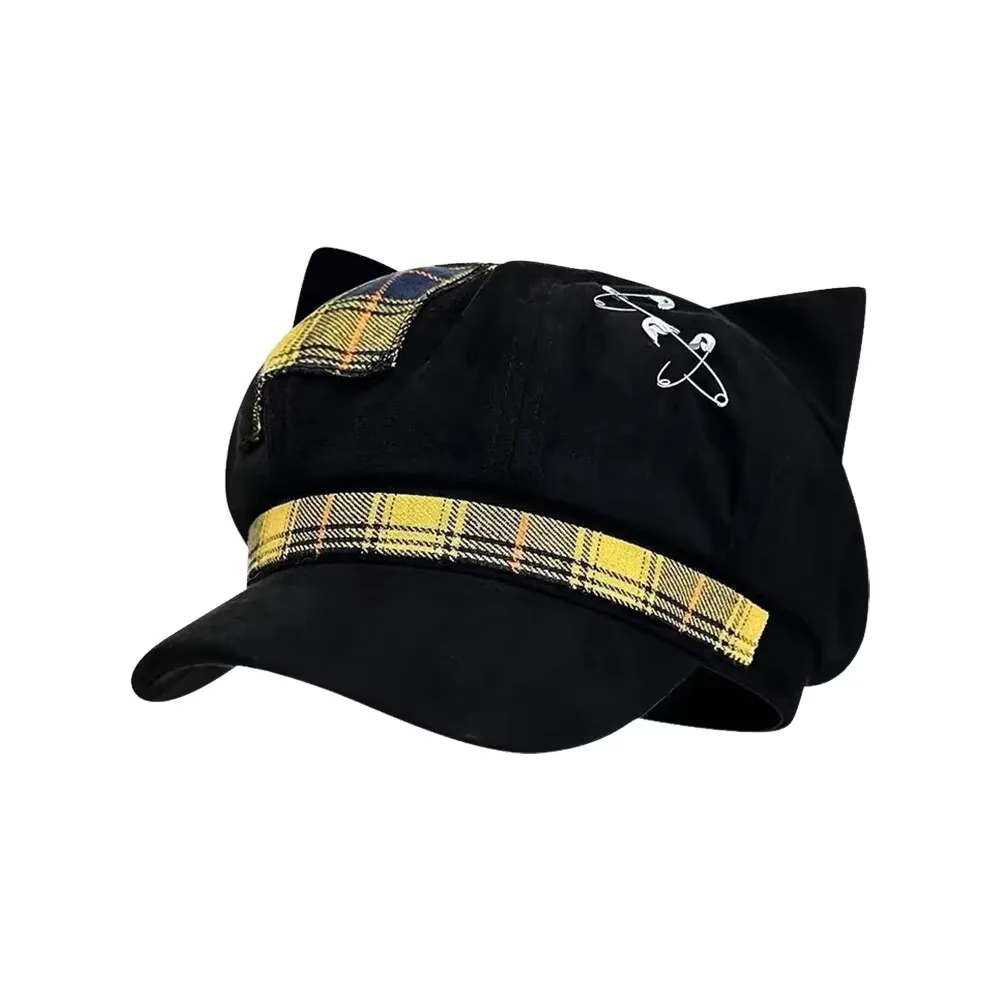Casual Thin Brim Cat Ears Beret Hat Y2K Irregular Painter Artist Cap Lollita Cross Plaid Octagonal Hat Women
