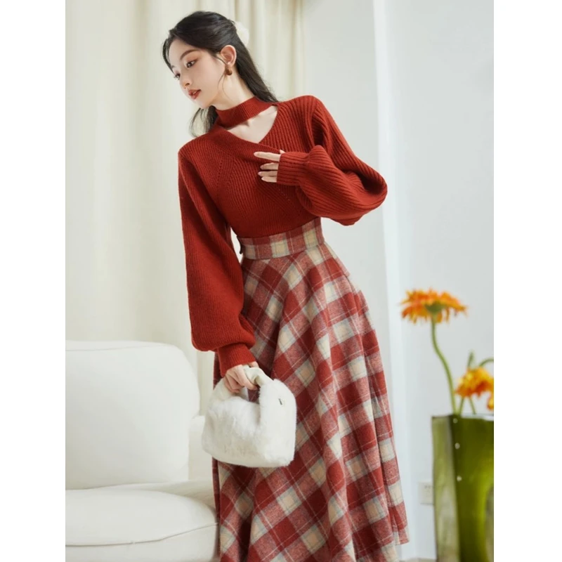 Autumn Winter Women Matching Sets Lucky Red Halter V-Neck Sweater Plaid Skirts Two Piece Suit England Style Vintage Slim Outfits