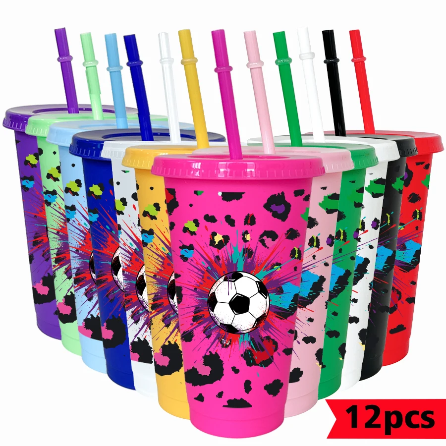 

12Pcs/pack football splash-ink pattern 26oz colored plastic cold cup birthday/back-to-school season party drinks coffee