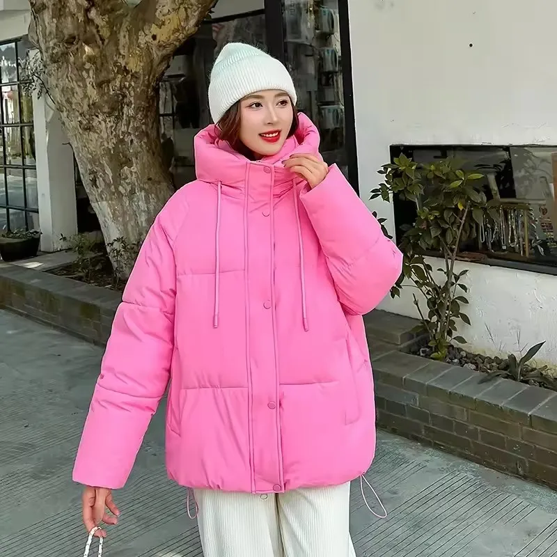 

Зимняя куртка 2025 года, женское розовое хлопковое стеганое пальто, новая одежда, корейская модная свободная теплая верхняя одежда с капюшоном, повседневная куртка-хлеб