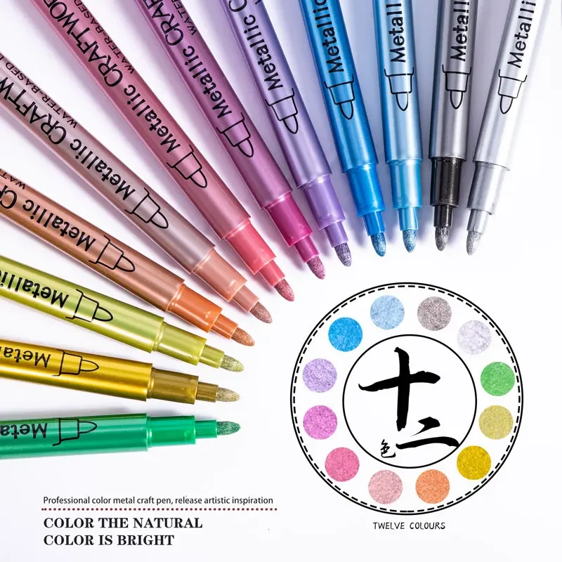 

12 Colors Metallic Markers Pens Silver Gold Paint Pens for Black Paper, Glass, Rock Painting, Halloween Pumpkin Scrapbook Album