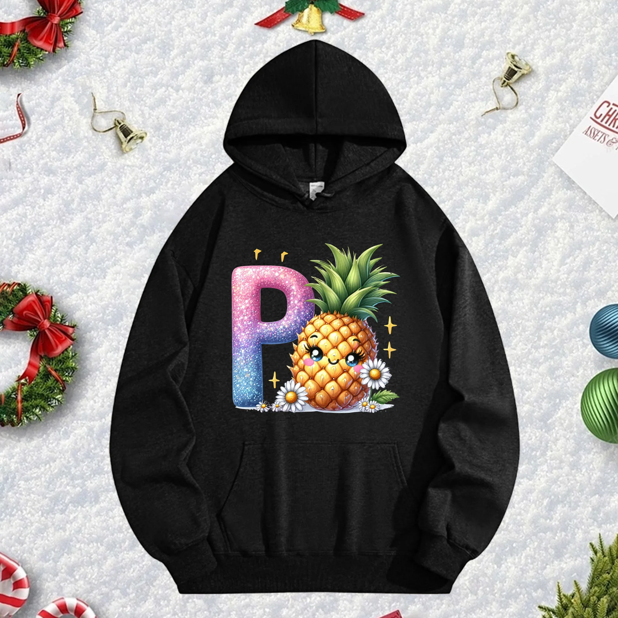 

Черная толстовка унисекс с фруктовыми буквами P 270G, уютный флисовый пуловер для зимы, рождественского и новогоднего праздничного наряда
