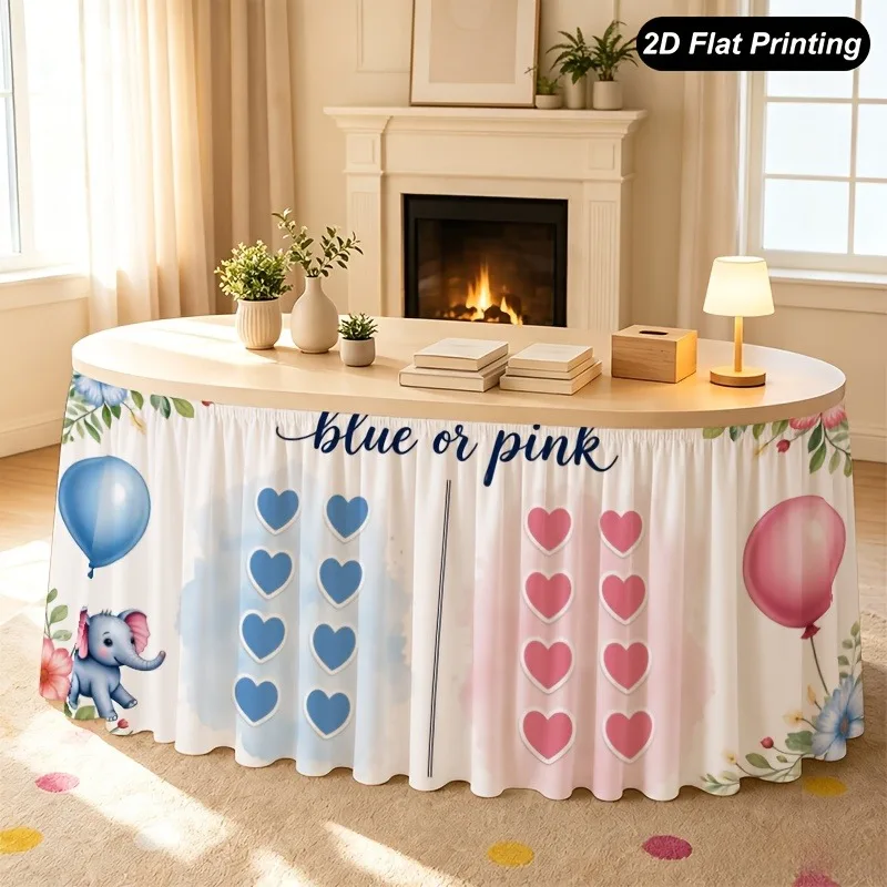 1Pc party tablecloth table skirt, gender revealed 2D flat elephant pattern, blue pink balloon chart, Christmas table skirt
