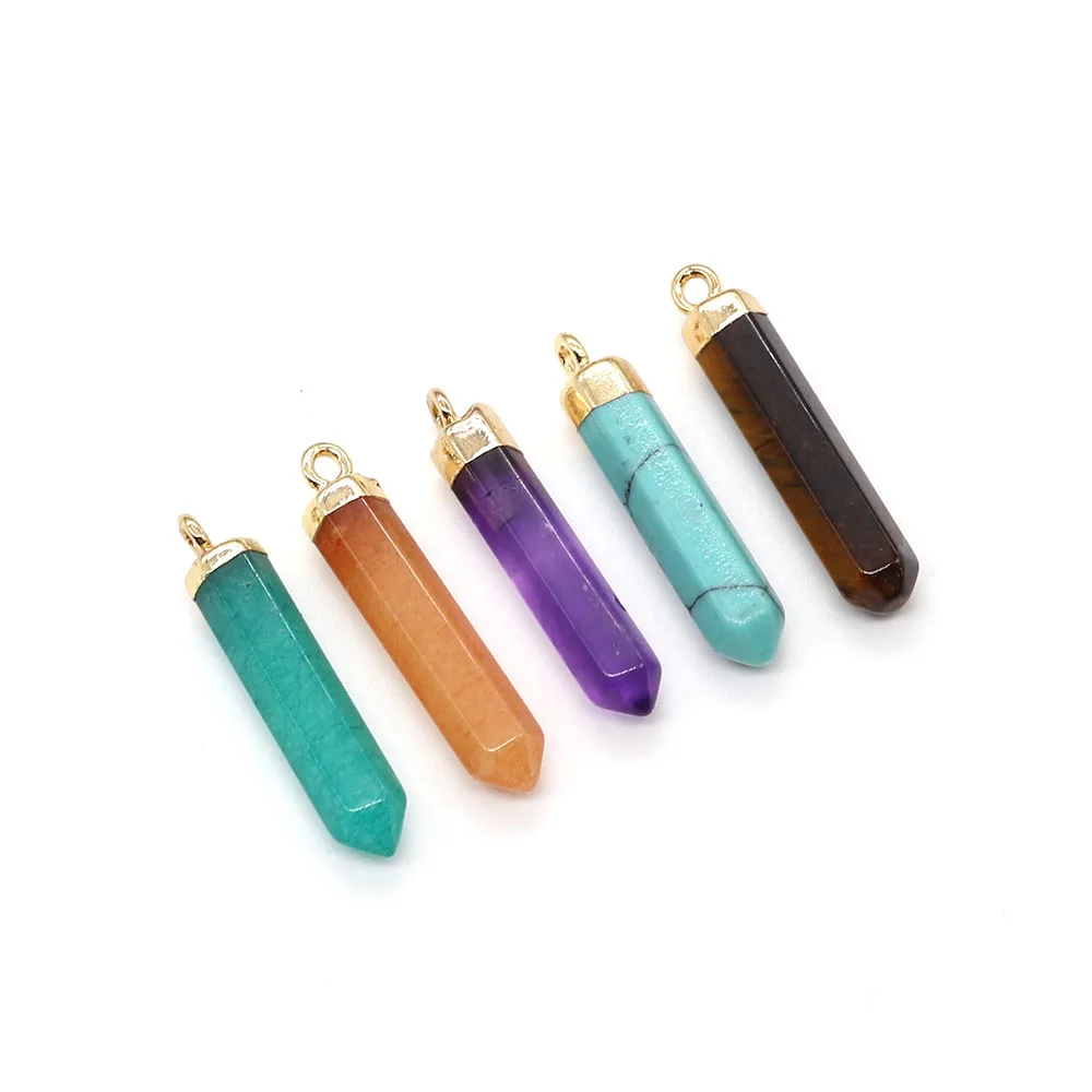 Hexagonal Column Shaped Natural Stone Amethyst Tiger Eye Stone Pink Crystal 5x30mm Diy Jewelry Making Necklace Earrings Charm