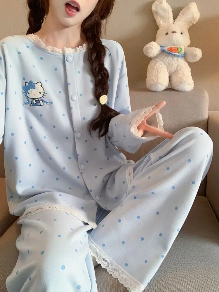 Cute Girls Home Sleepwear Suit Kawaii Hello Kitty Women Autumn Winter Sweet Pajamas Set Thick Warm Cartoon Cardigan Loungewear