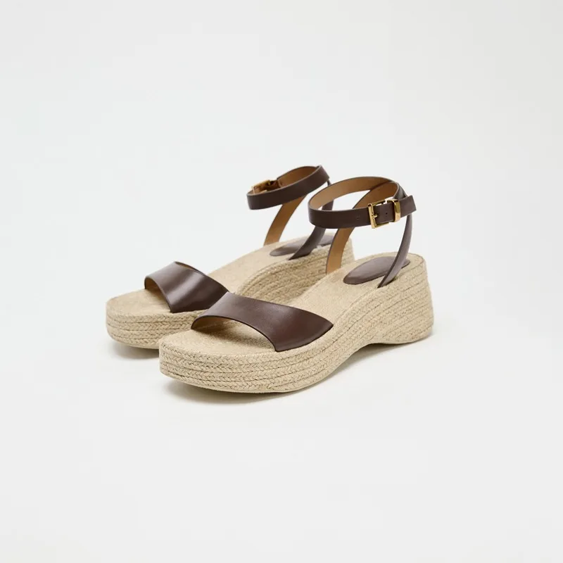 

2026 Summer Platforms Sandals Woman Brown Leather Straw Woven Hemp Sole Gladiator Sandals Buckle Strap Wedge Sandalias Mujer