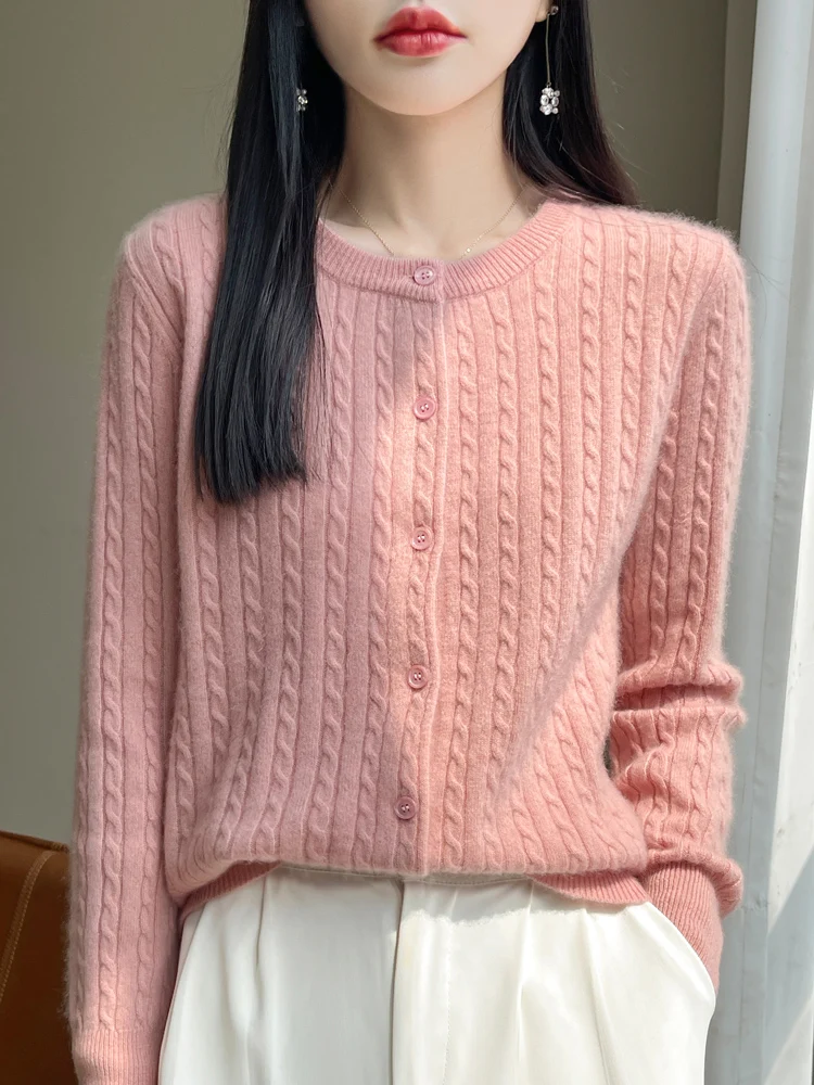 Autumn Winter New Twist Flower 100% Pure Wool Knit Cardigan Sweater Women's O-neck Loose Basic Long Sleeve Simple Versatile Coat