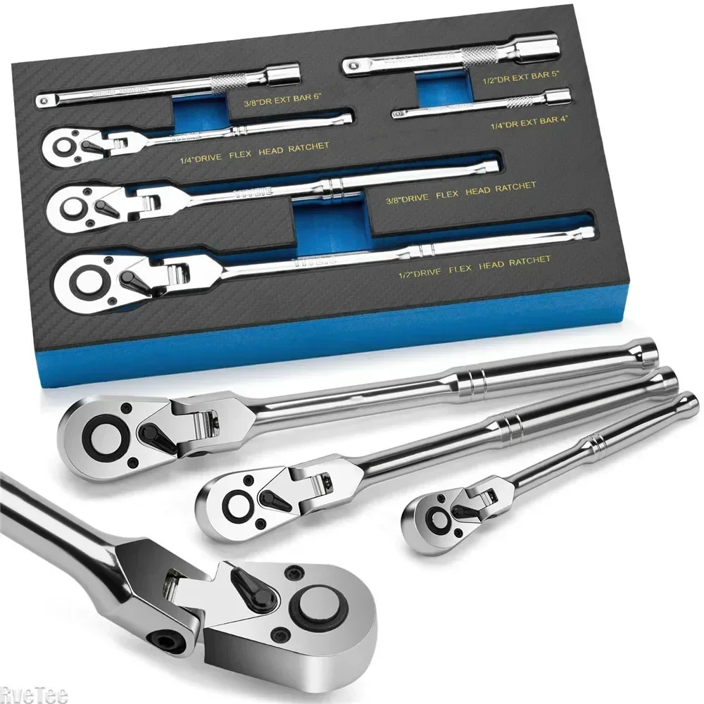 

Flex Head Ratchet Set 1/4" 3/8" 1/2" Drive 180° Adjustable Swivel Head Ratchet Wrench with Extension Bar 72 Tooth 6 pcs
