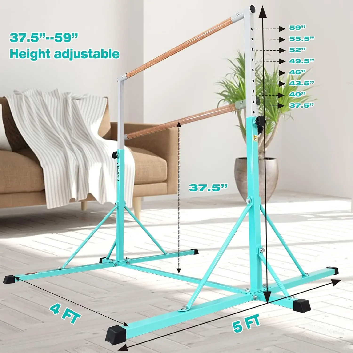Barra de gimnasia, barras de gimnasia 5FTHorizontal, barra de gimnasia ajustable para niños de 5 a 20 años, 35,4" a 59"/45" a 71", límite de peso 500 LB