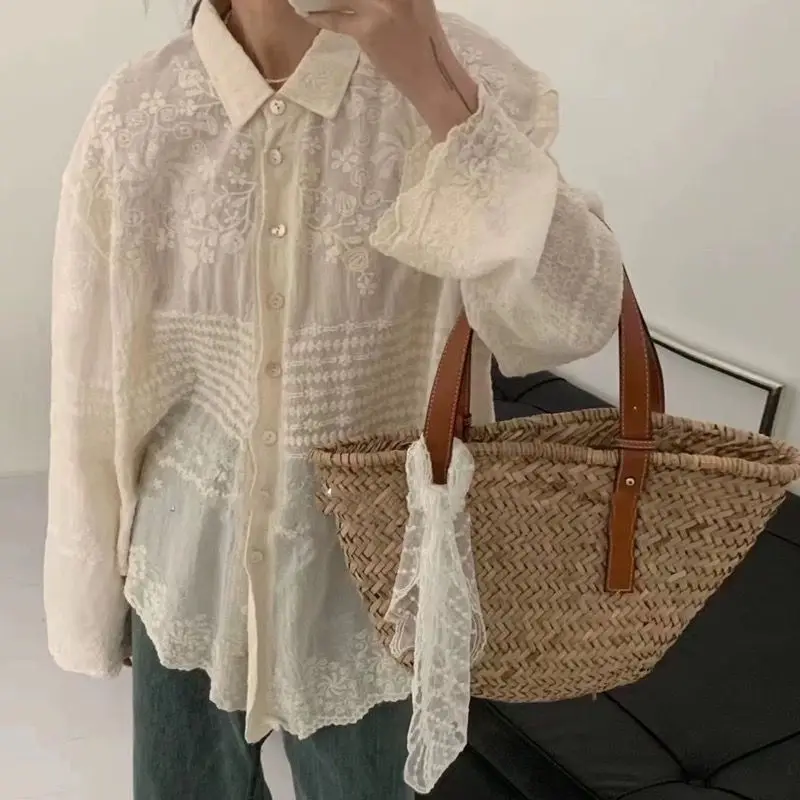 

Vintage Embroidery Women's Shirts 2024 New Spring Summer Korean Casual Long Sleeve Single Breated White Blouse Female