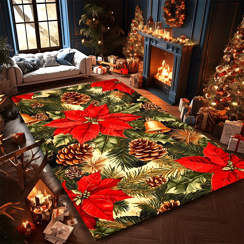 1pc Christmas Red Flower & Bell Printed Area Rug, Non Slip Floor Mat for Living Room, Kitchen, Bedroom & Dormitory