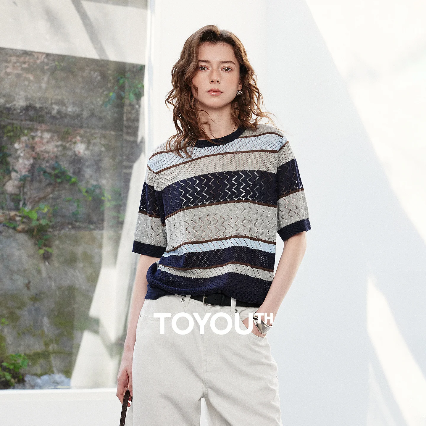 TOYOUTH Women Knitwear 2026 Summer New Lyocell Color Block Striped Wave Hollow Out Breathable Pullover Tops