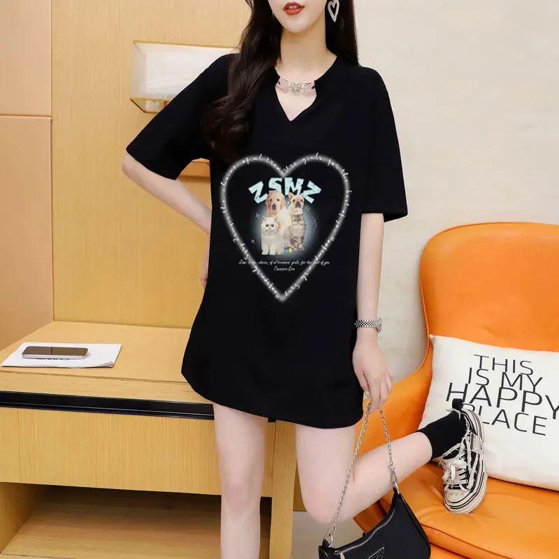 Cotton V-neck Leather Button Short Sleeve T-shirt Women's Summer Korean Version Loose Cute Puppy Top