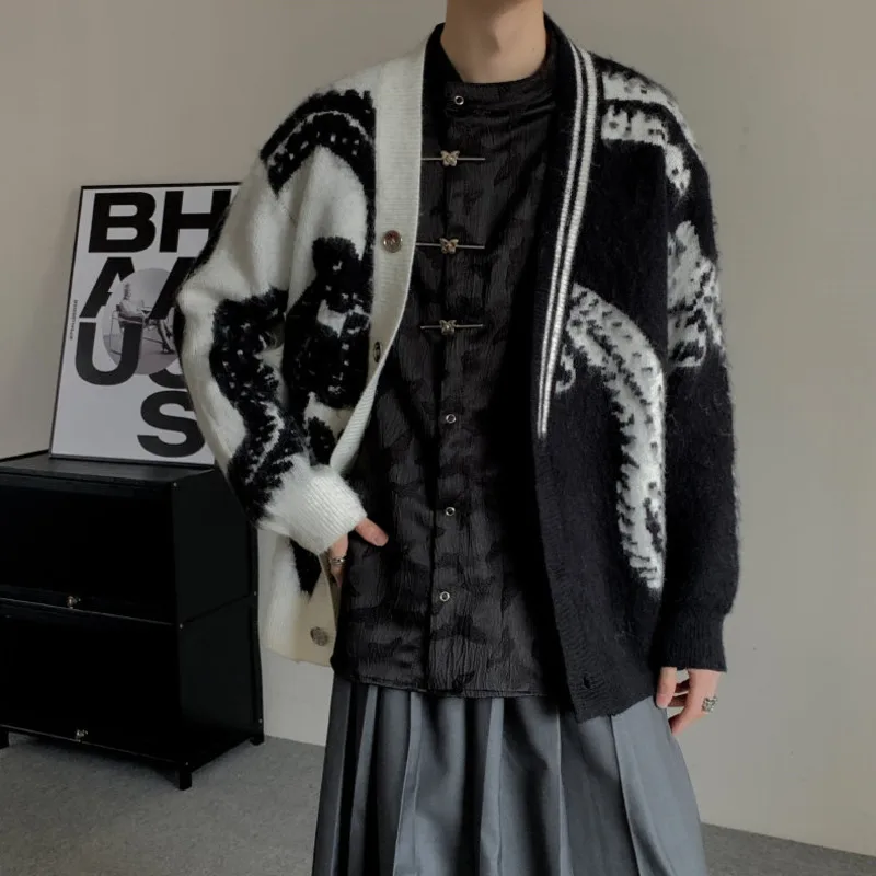 WVGA ربيع الخريف جديد الرجال المد المتضخم ياماموتو نمط محبوك البلوزات المتخصصة شيك سترة غير رسمية الخامس الرقبة معاطف Ins Y2K W16238 #6