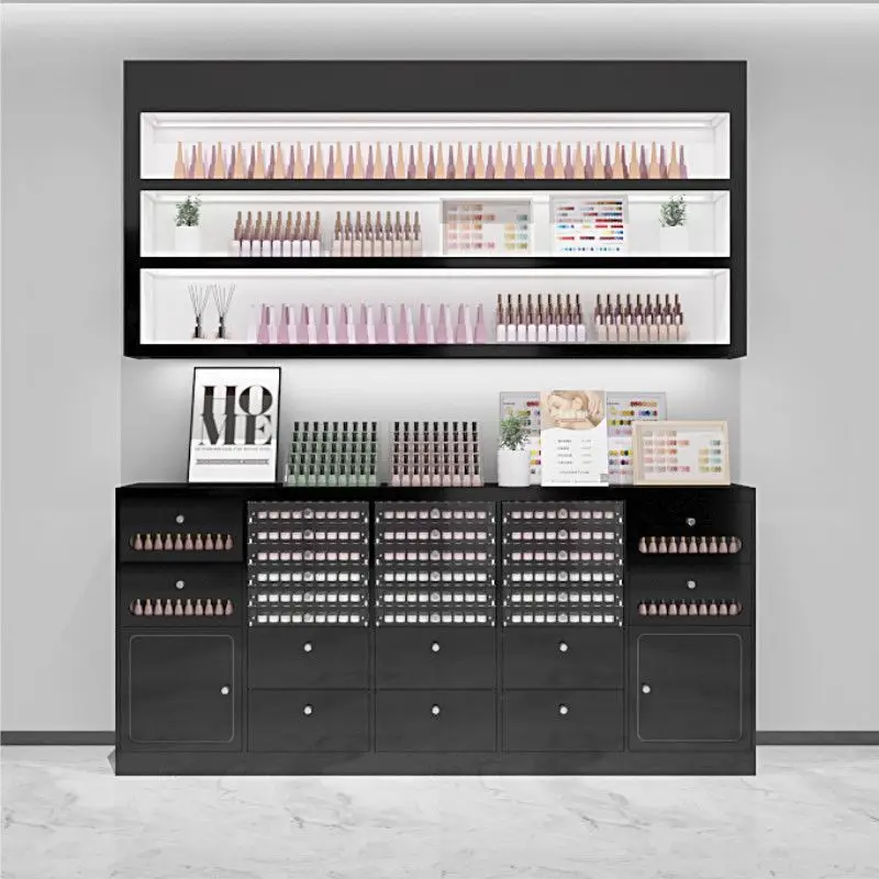 Simple modern black nail display cabinet nail polish storage wall shelf wooden installation free travel storage cabinet