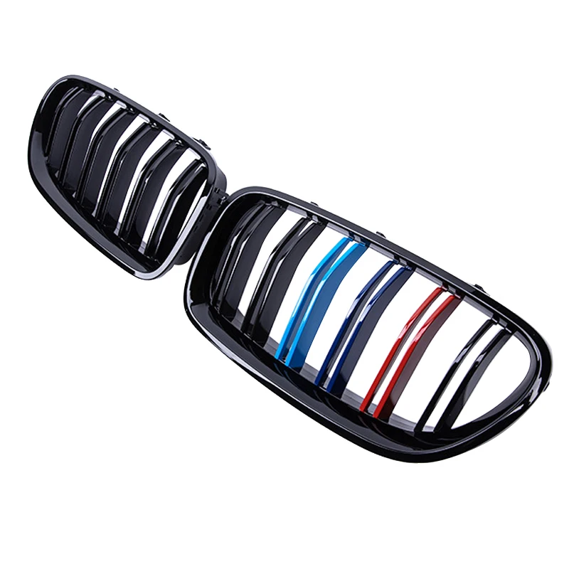 A Pair M Color Glossy Black Dual Slat Style Front Kidney Grill Grille For BMW F10 F11 F18 520i 523i 525i 530i 535i 2010-2017