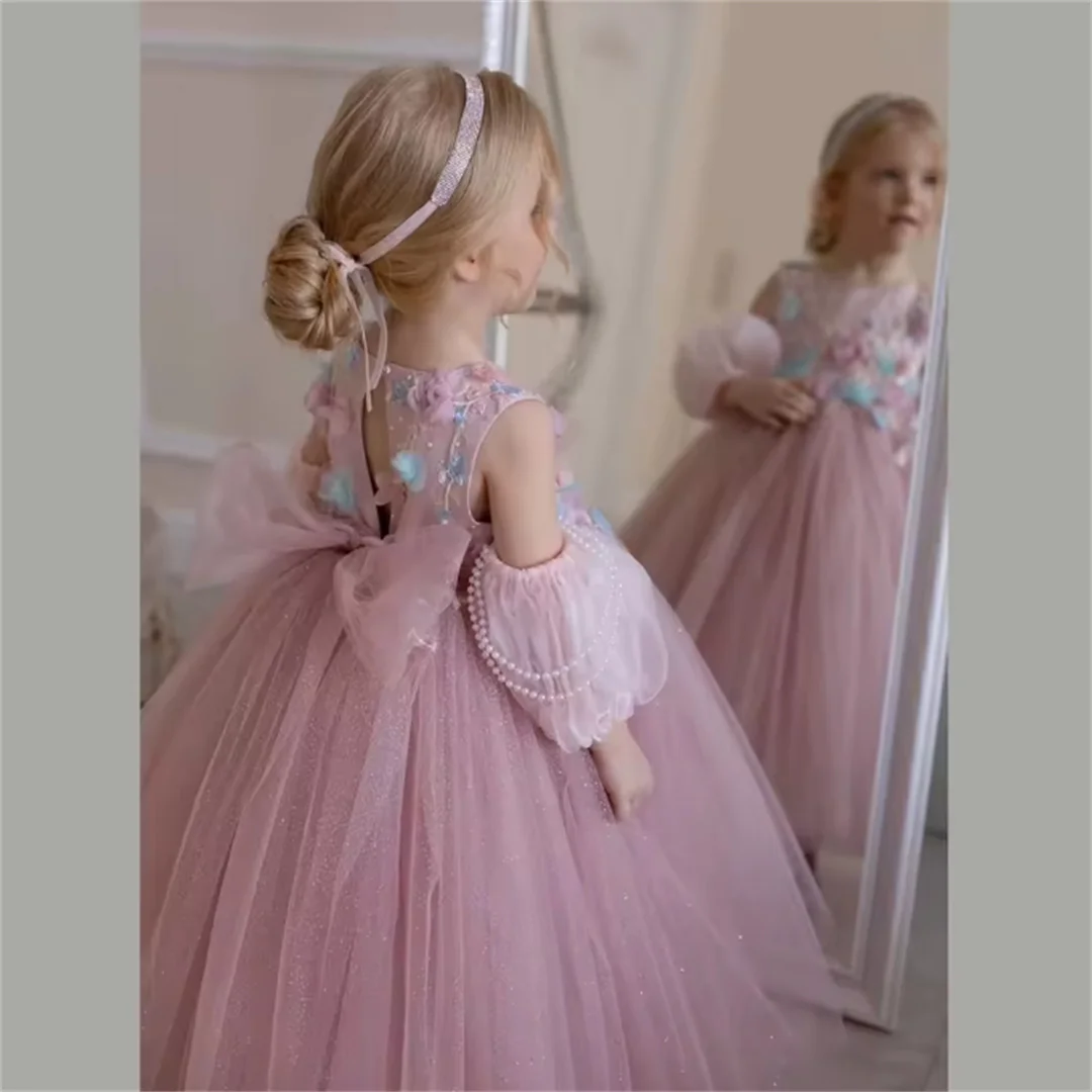 

Милые розовые тюлевые кружевные аппликации, платья с цветами для девочек, элегантные бальные платья принцессы трапециевидной формы, платья-пачки для дня рождения по индивидуальному заказу