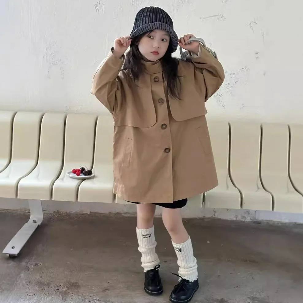 Trench Loose Coat Autumn New Korean Girl Design Sense Coffee Color Children Medium Length Loose Coat Overcoat 2024