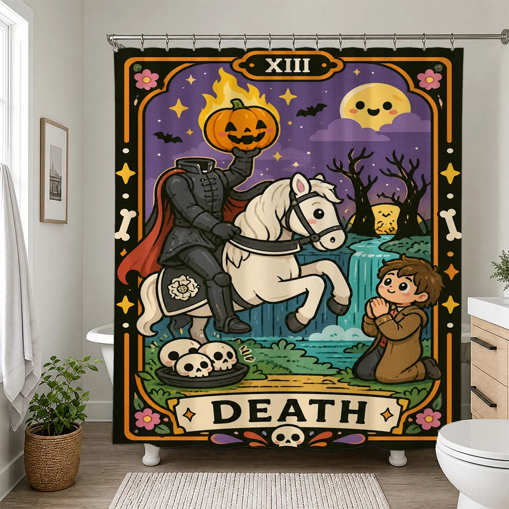 Scary Spooky Halloween Shower Curtain Death Reaper Pumpkin Skeleton Gothic Horror Bathroom Decor Fall Art Man Cave Seasonal Deco
