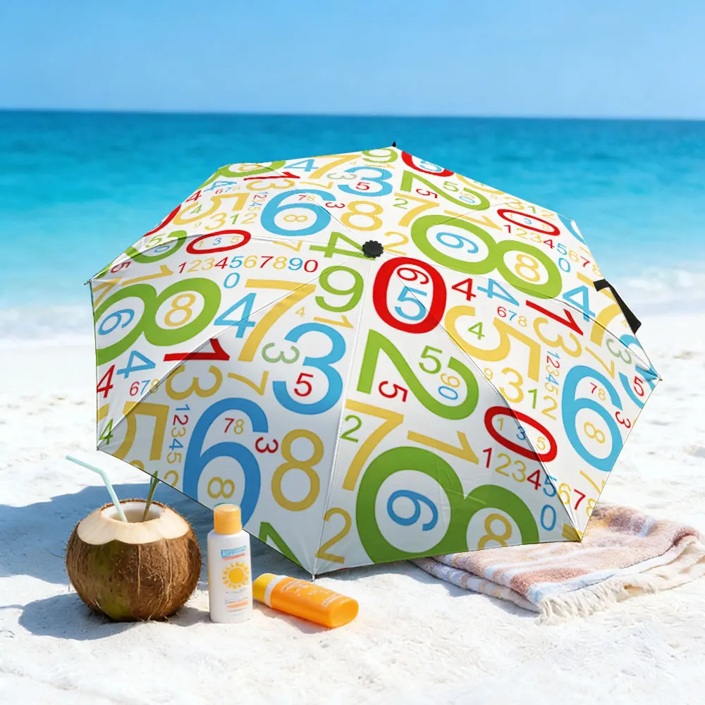 1PC Colorful Number Print Umbrella by a Scenic Lakeside Print 8 Iron Ribs Folding Umbrella Auto-Open Fashion Sunshade