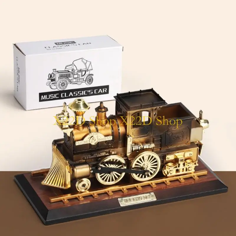 X22D Nostalgic Railway Train And Classical Car Model Wind Up Music Box with Base For Shelf Desktop Decoration Ornament Gift